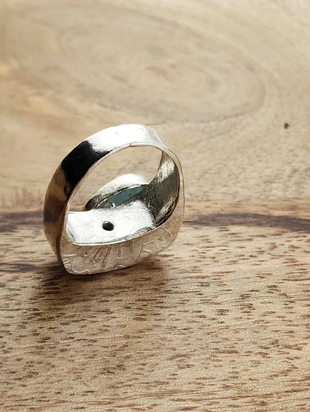 AQUAMARINE HALLOW EMBOSSED RING HANDMADE IN STERLING SILVER SIZE 7.50
